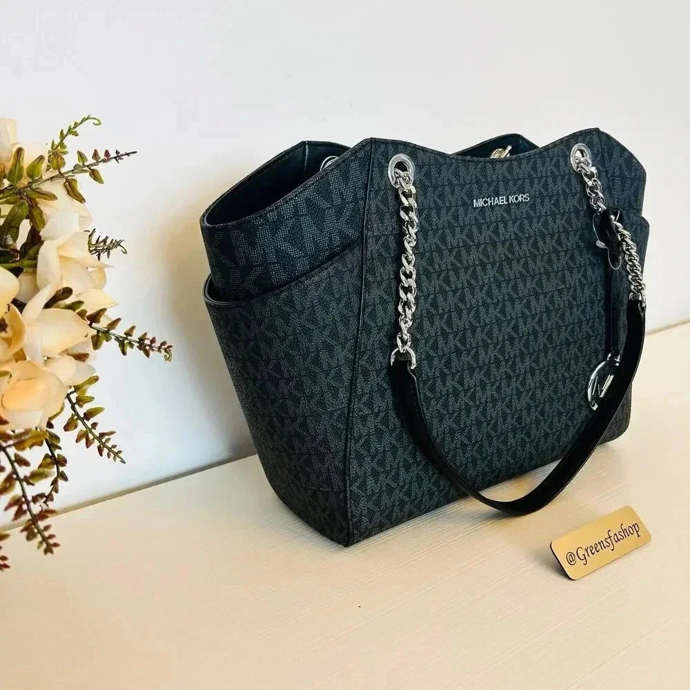 Michael Kors Purse jet set travel large chain tote shoulder bag black signature - Picture 3 of 10
